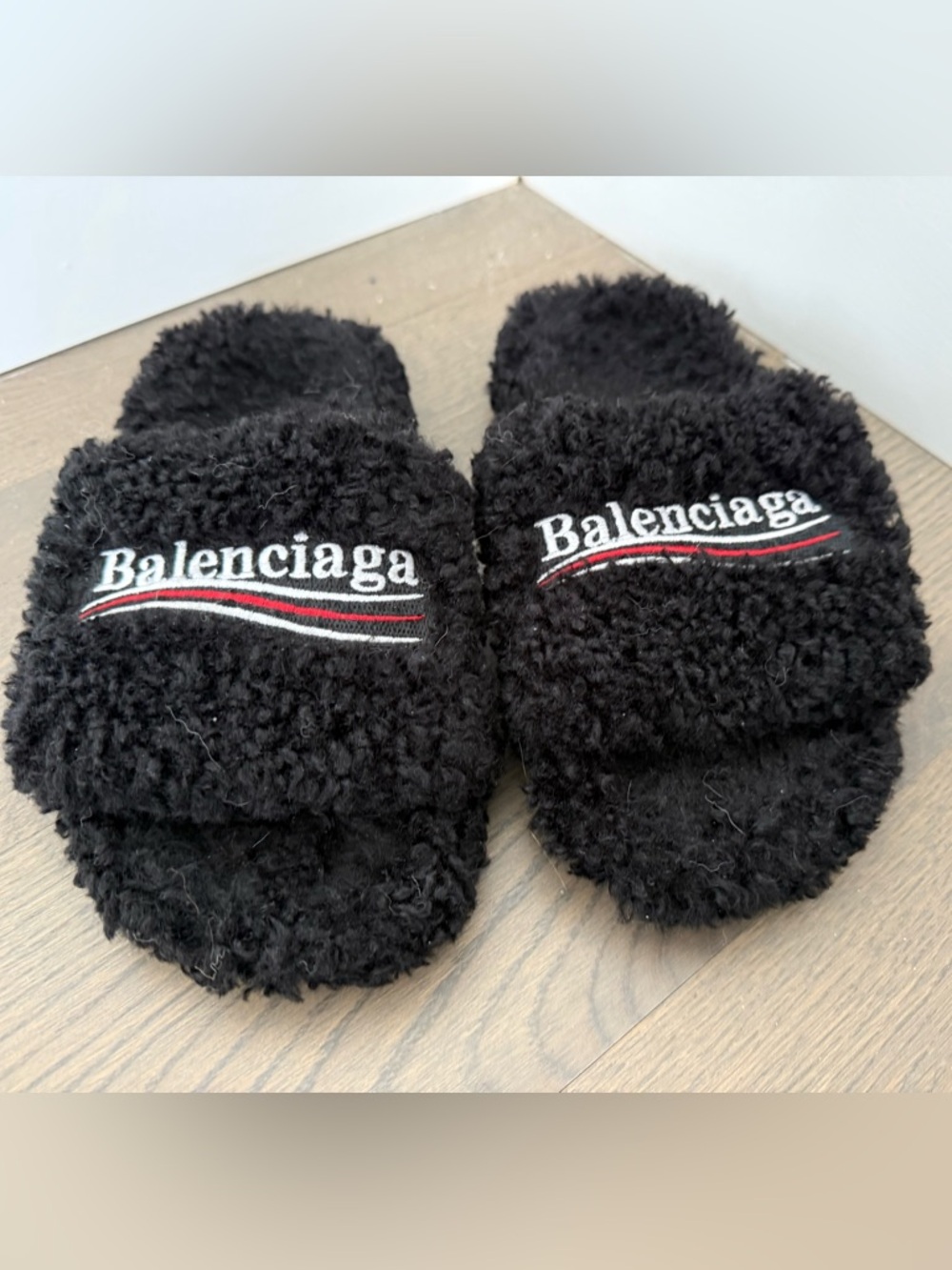 Balenciaga Black Shearling Slide Slippers with Red and White Stripe Logo